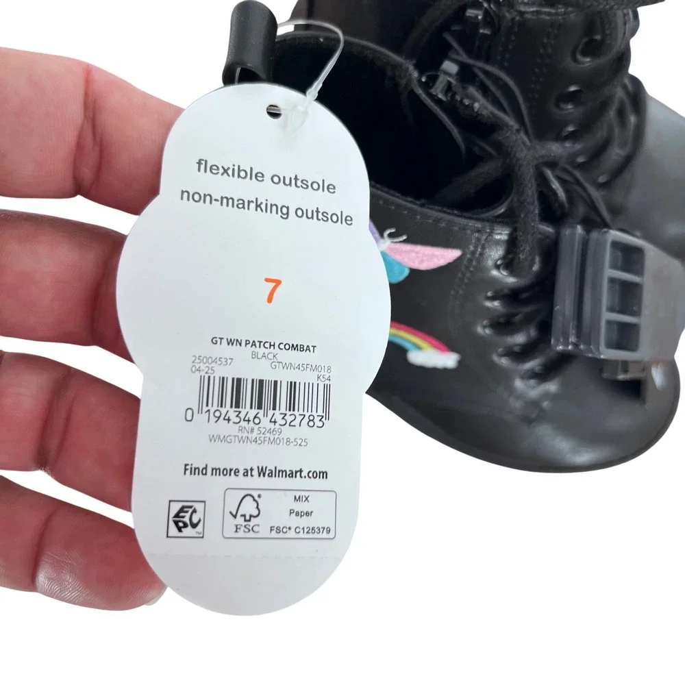 Wonder Nation Combat‎ Boots Girls Size 7 Black Rainbow Butterfly Patches Kidcore